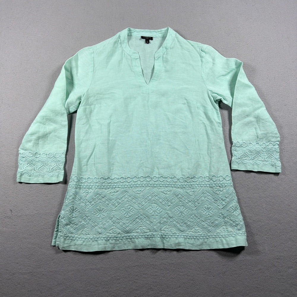 Talbots Tunic Top Women P Green Linen Embroidered 3/4 Sleeve V Neck Casual